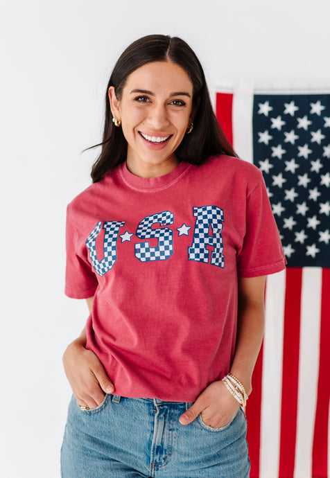 Adult Unisex RED ‘USA’ Check Tee