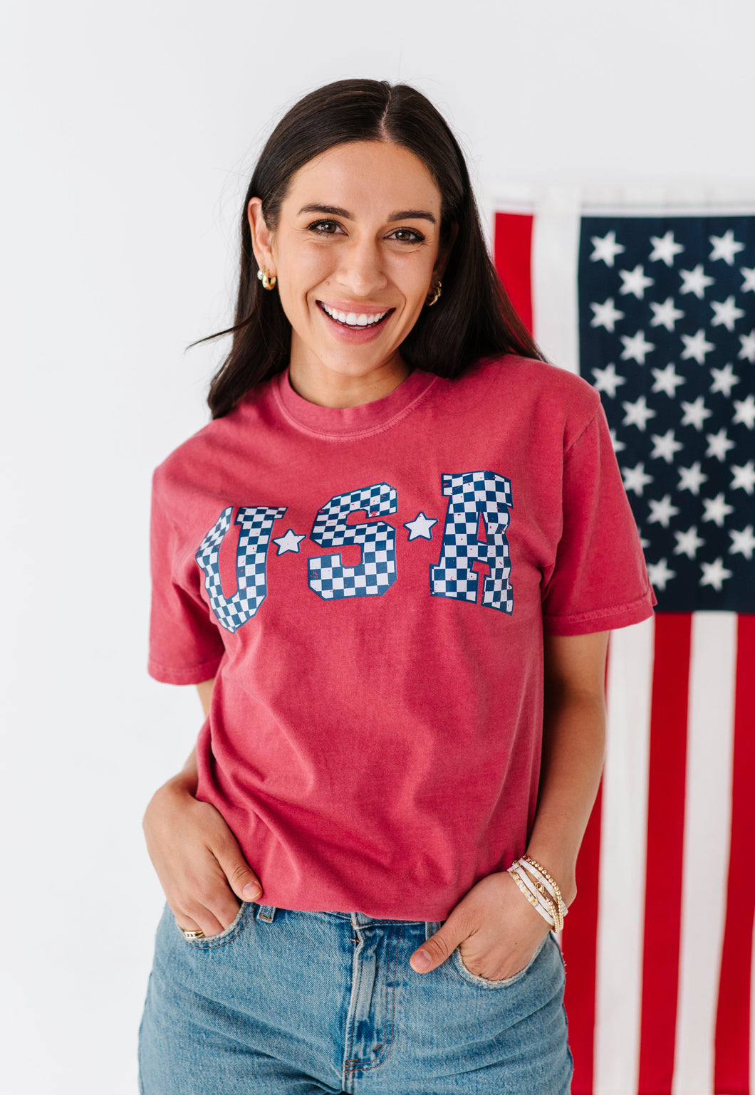 Adult Unisex RED ‘USA’ Check Tee