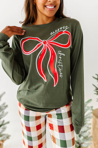 RED BOW (GREEN SHIRT) | Adult Long Sleeve Tee
