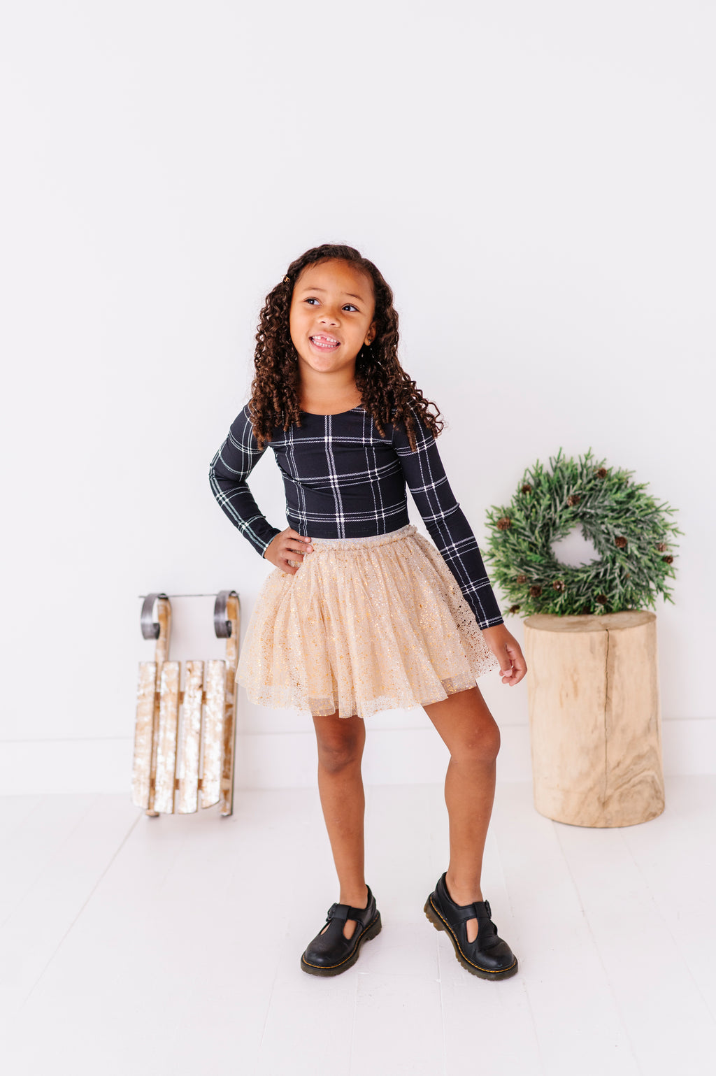 Black Plaid | CROP Bow Back Long Sleeve Top