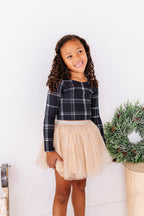 Black Plaid | CROP Bow Back Long Sleeve Top