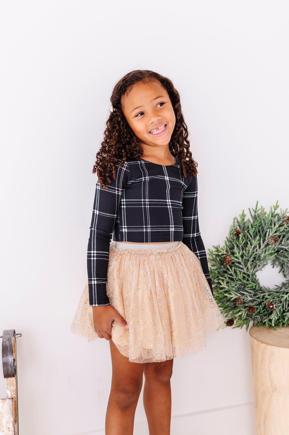 Black Plaid | CROP Bow Back Long Sleeve Top