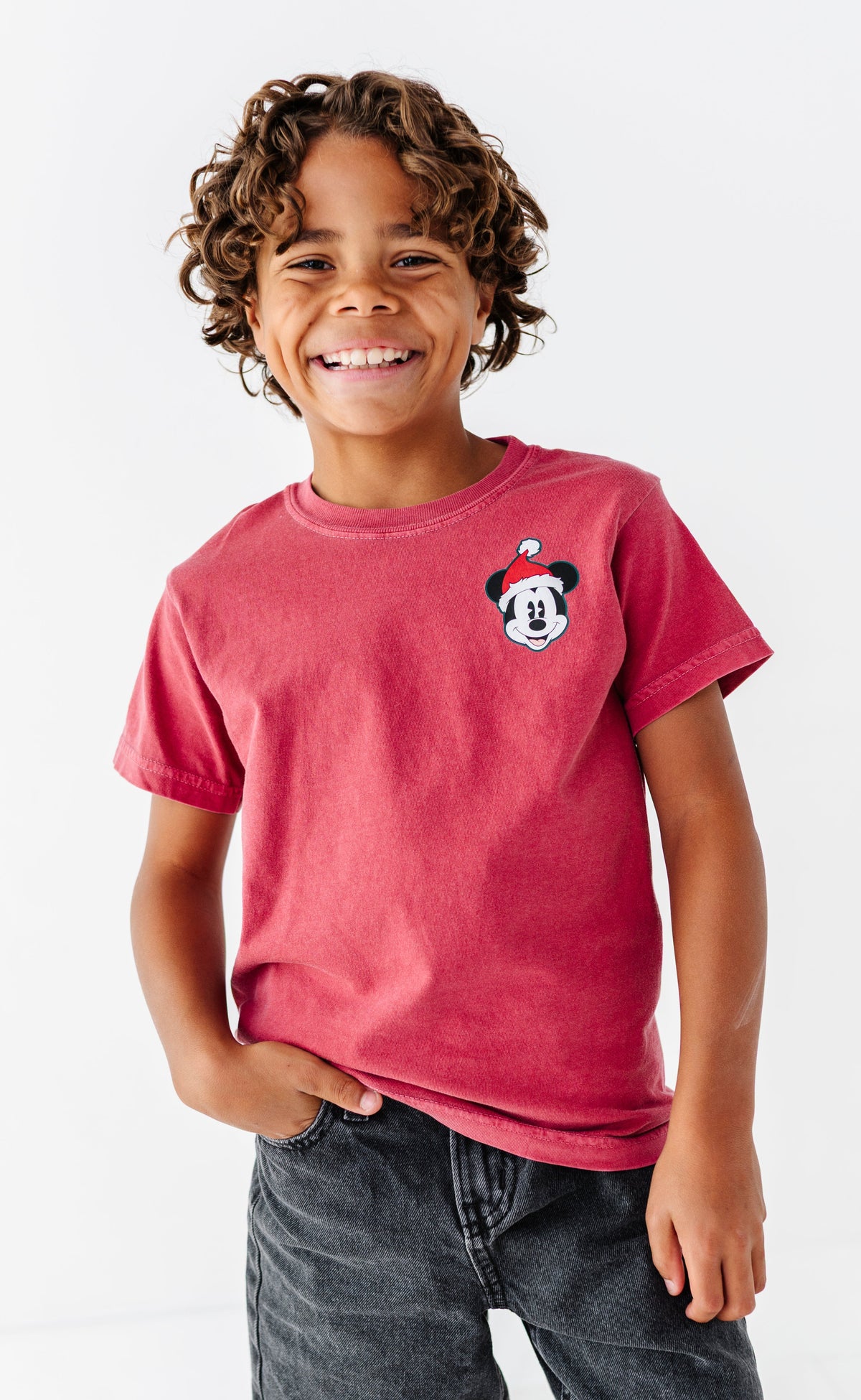 Green Outline Santa Mickey | KIDS RED TEE