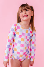 Load image into Gallery viewer, Confetti Check Bows | RASHGUARD ONE-PIECE