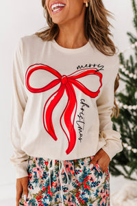 RED BOW (CREAM SHIRT) | Adult Long Sleeve Tee