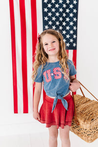NAVY ‘USA’ Check | Girls Tie-Front Shirt