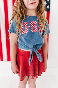 NAVY ‘USA’ Check | Girls Tie-Front Shirt