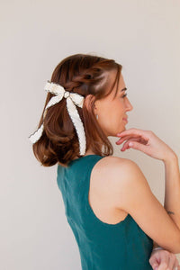 Cream + Black Scalloped Big Bow Clip